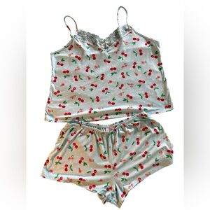 Cherry-Print Lace-Trim Cami & Short Pajama Set - Mint